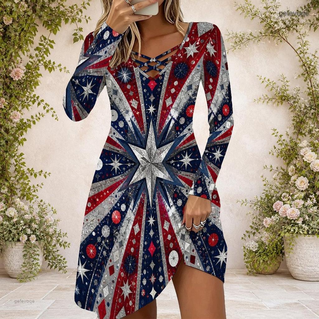 Women Cross V Neck Long Sleeve Dress Red Blue Silver Star Sequin Print Irregular Hem Dress