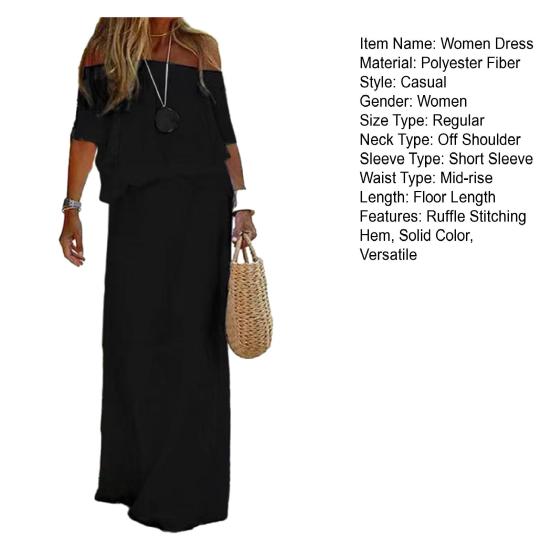Casual Dress Off Shoulder Short Sleeve Elastic Waist Women Dress Solid Color Loose Cut