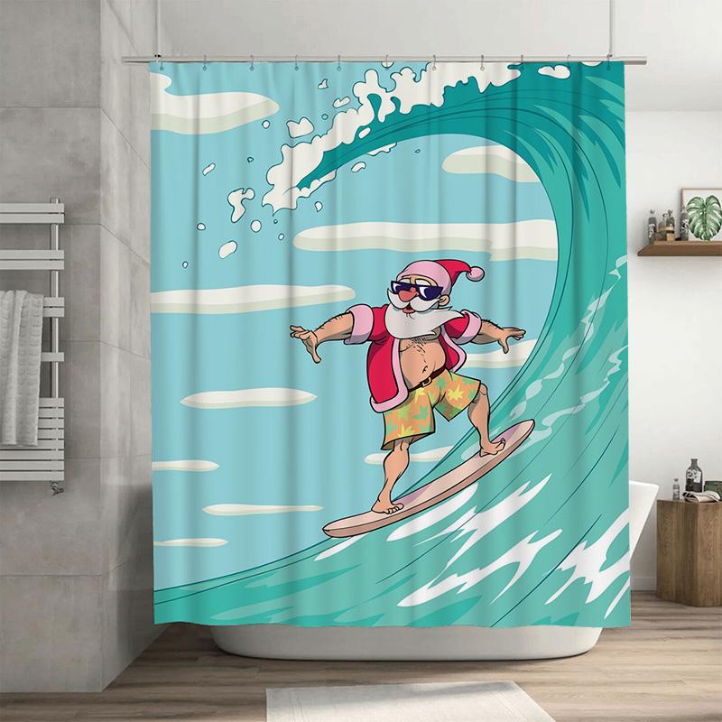

TU Santa Claus Surfing Shower Curtain Tropical Christmas Beach Bathroom Decor Festive Holiday Gift Waterproof Home Decor 90x180cm35x71in