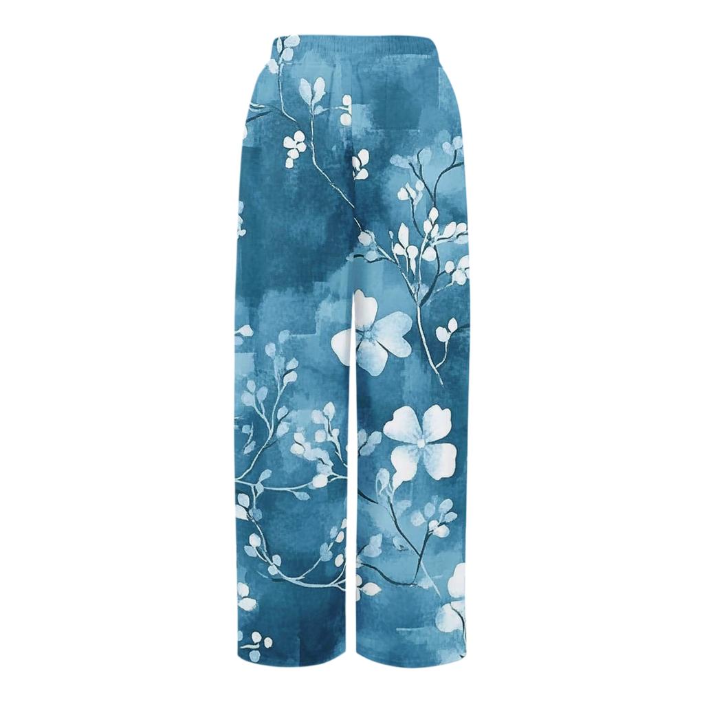 Women’s Wide Leg Pants High Waist Drawstring Loose Fit Lightweight Floral Print Trousers for Casual Summer Wear