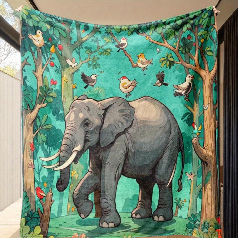

Elephant and forest bird pattern Flannel printed blanket suitable for all seasons suitable for living room office sofa travel 75x100cm (30x40inch)