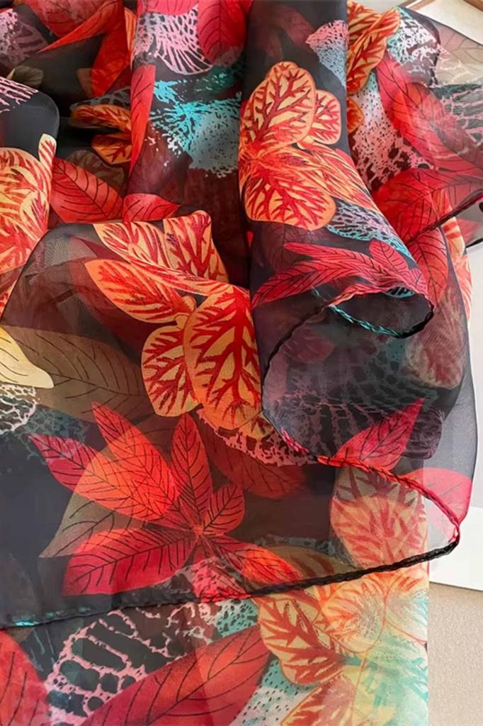 Black Scarf with a Colorful Leaf Pattern - Autumn Accent with a Touch of Exoticism