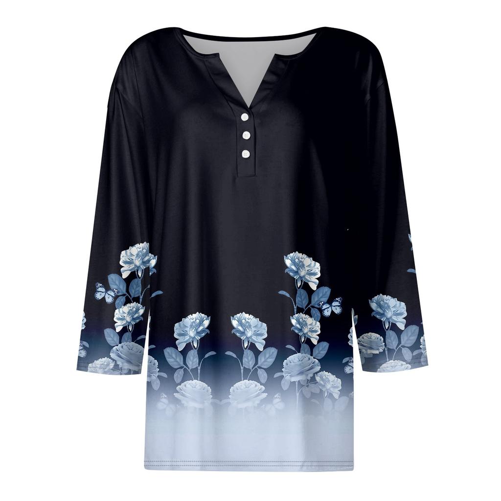 Damen T-Shirt mit Aufdruck, Knopfleiste, 3/4-Ärmel, für den Alltag, Wochenende, Basic, V-Ausschnitt, normales Oberteil