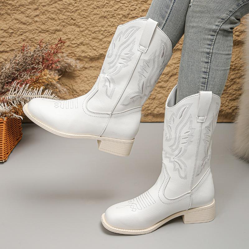 Fashion Autumn Shoes for Women New Embroidered Western Cowboy Boots Women Pointed Toe Thick Heel High Knee Boots Woman Botas De Mujer