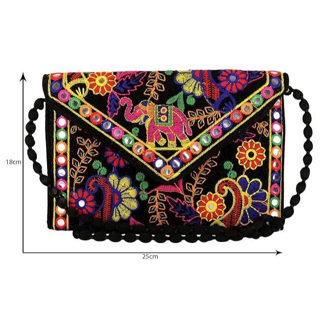 Clutch Bags for Women Jaipuri Rajasthani Handmade Embroidery Mirror Work Stylish Sling Bags for Women Cross Body Bags for Ladies and Girls - 22X16 Cm