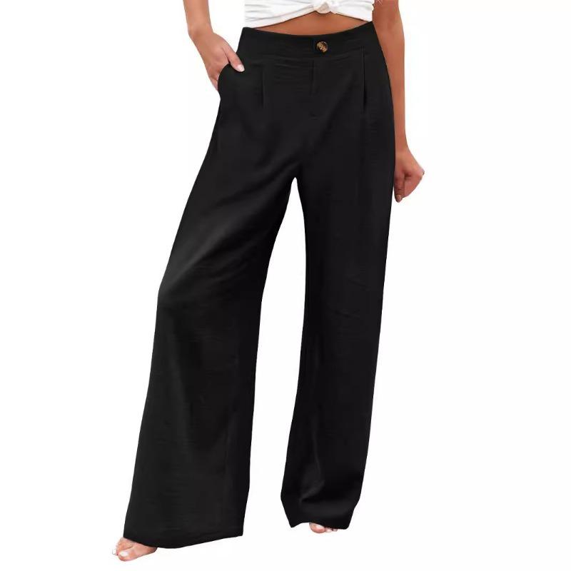 Women Solid High Waist Single Button Front Pleated Loose Wide Leg Comfort Casual Long Trousers