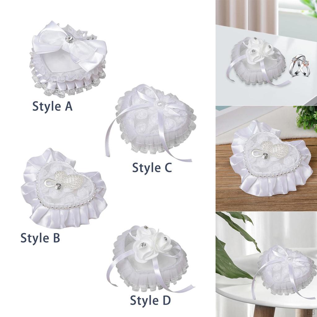 Bridal Ring Holder Cushion Heart Shaped Bearer Box Romantic Pillow with Ribbon for