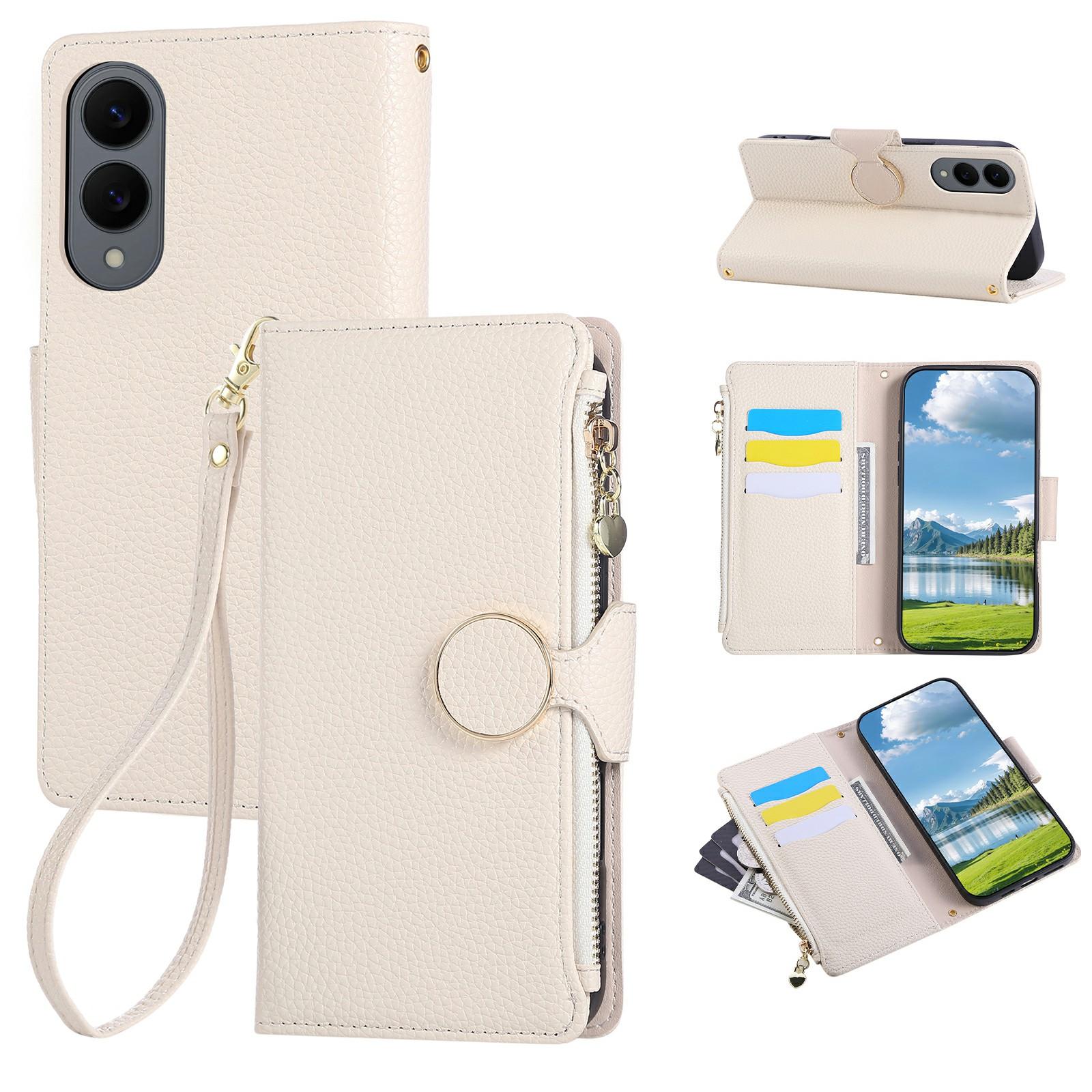 

For Samsung Galaxy S25 Edge Case Zipper Wallet Leather Phone Cover with Wrist Strap Beige