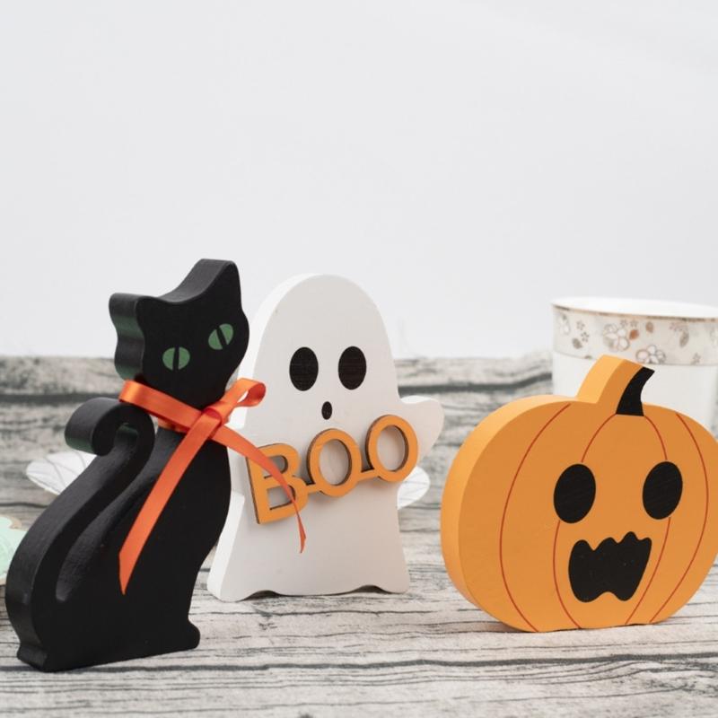 3PCS Spirit Pumpkin Cats Table Sign Wooden Ornaments Halloween Home Tabletop Decoration Festival Parties Supplies