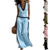 Women Sleeveless V Neck Two Piece Set Linen Blend Top with Contrast Trim Wide Leg Pants Casual Loose Fit Summer Outfit