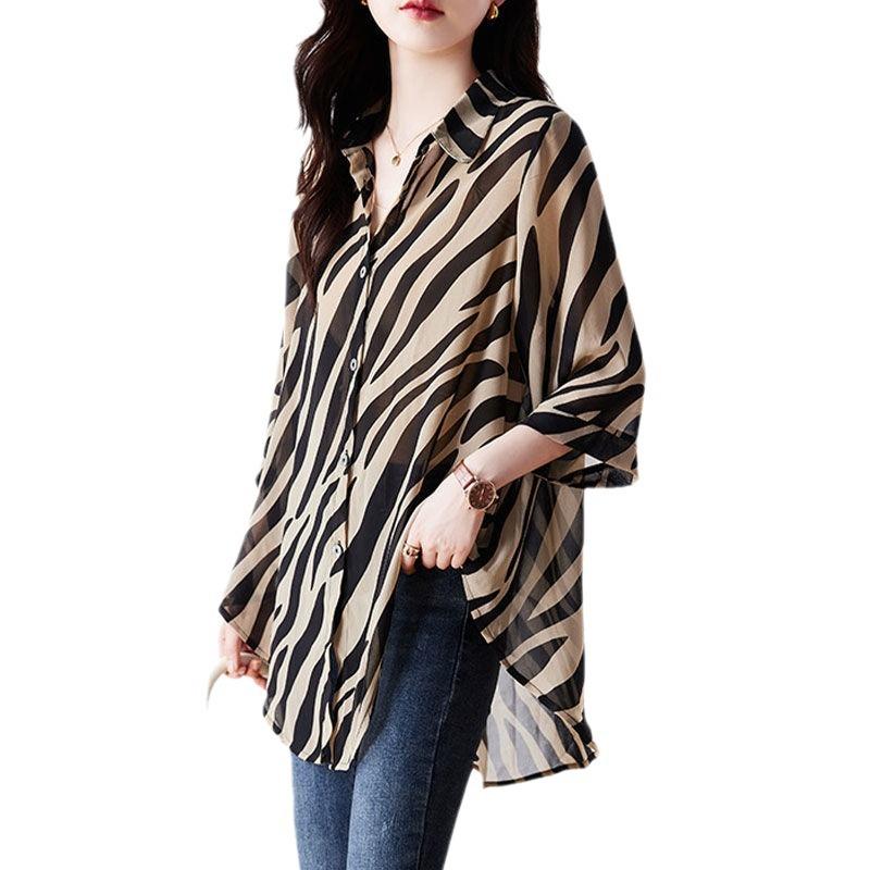 

Женские рубашки на пуговицах, повседневные гавайские рубашки, свободного кроя, с длинными рукавами, модные стильные топы, рубашка с изогнутым краем M