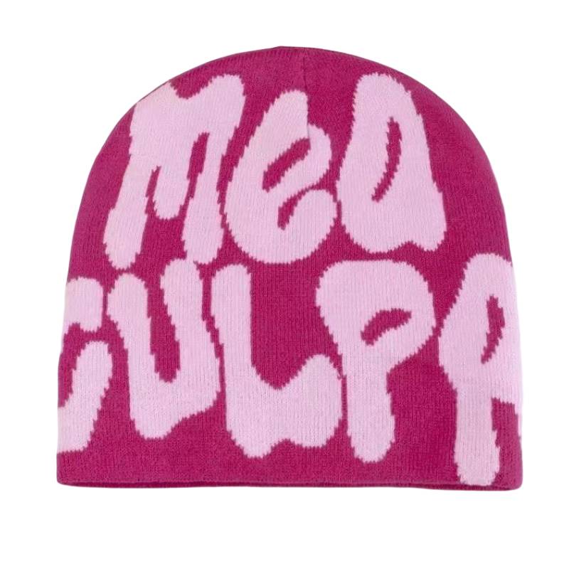 

Mea Culpa Trendy Letter Print Beanies Knit Hat Streetwear Cap Outfit Women Girl Pink