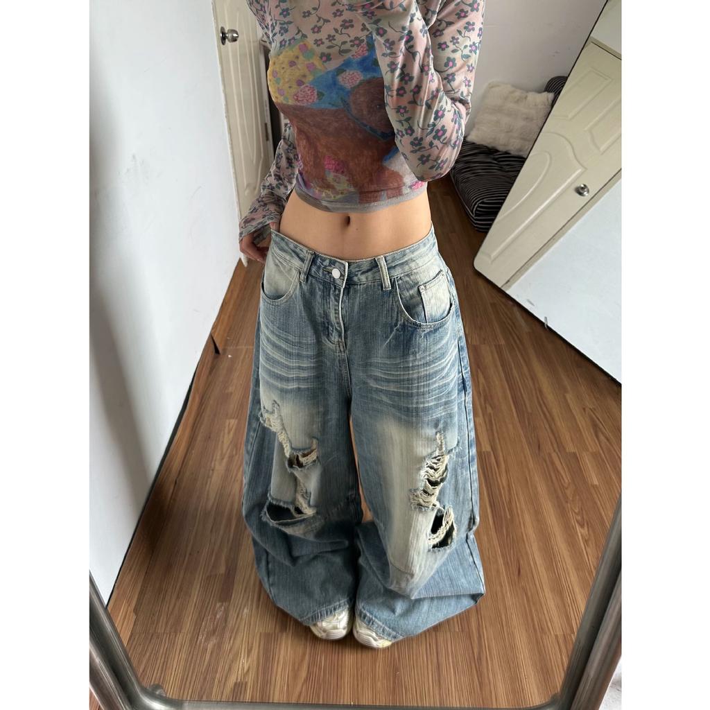 American retro washed ripped machete jeans pants men's and women's summer new loose wide-leg floor pants