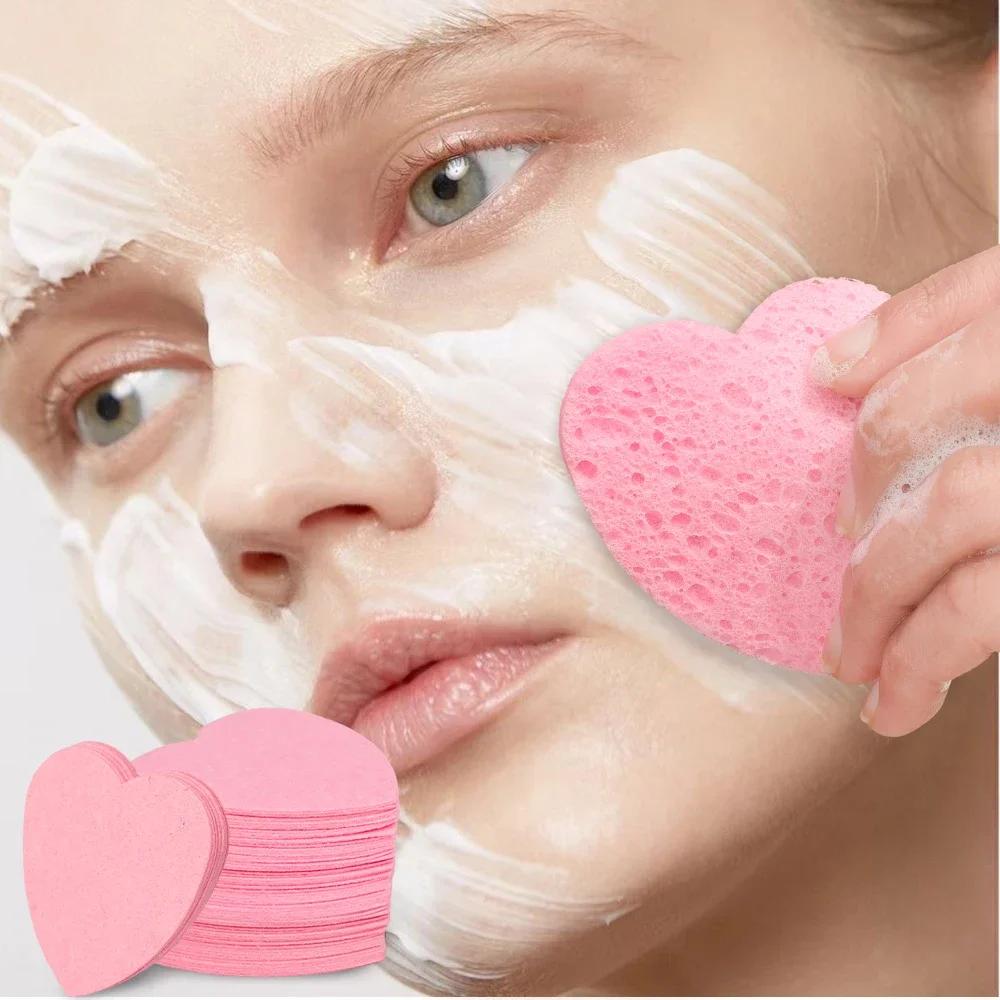 50PCS Reusable Face Wash Puff Cleaning Sponge Pad Exfoliator Mask Facial SPA Massage Makeup Removal Heart Shape Compress Sponge