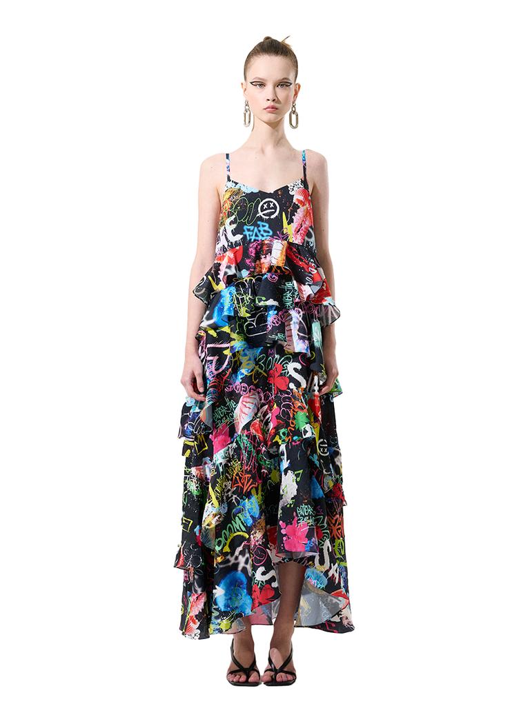 Greedius Black Graffiti Spagetti Strap Long Dress