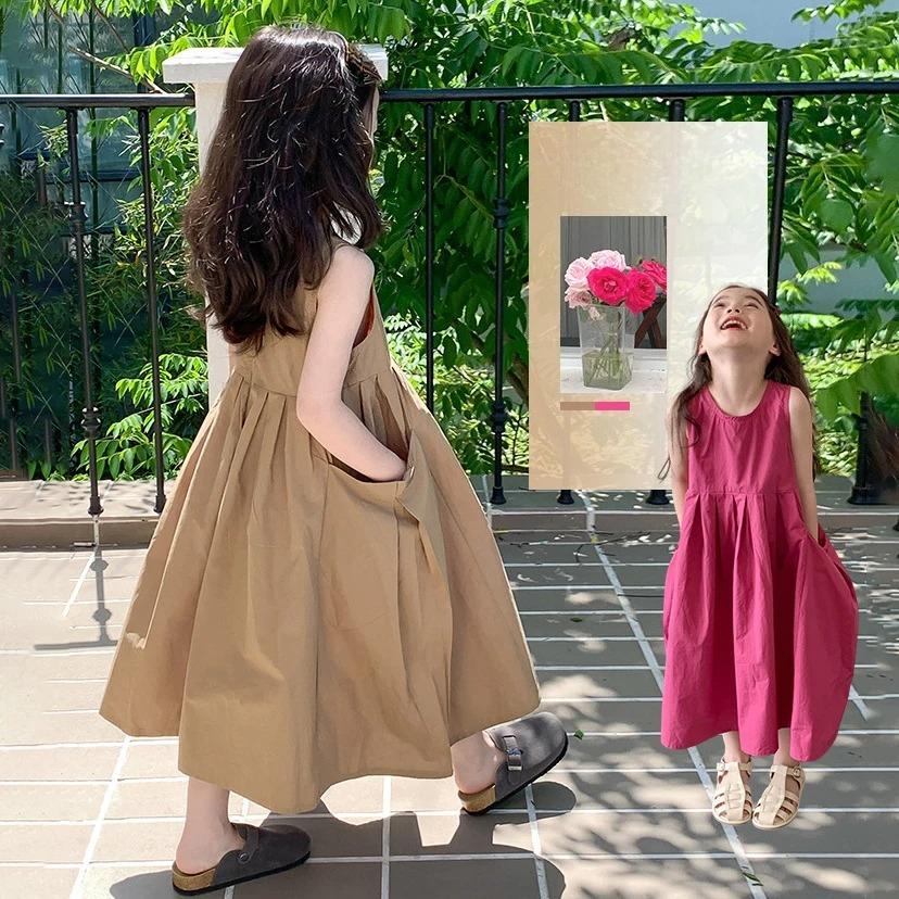 Abito estivo senza maniche per bambine e adolescenti, tinta unita, cotone, ampio, casual, vestito da sole, stile vacanza per bambini, vestito da principessa