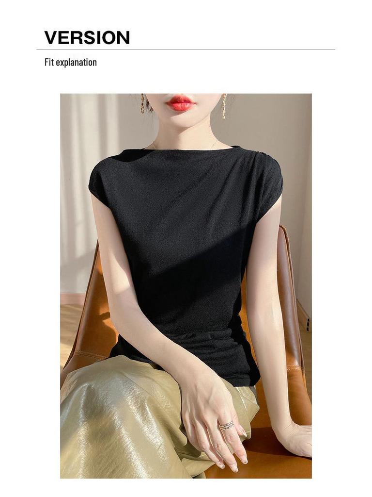 Off-Shoulder Merino Wool Slim-Fit Knitted T-Shirt for Women – Short-Sleeve & Versatile Top