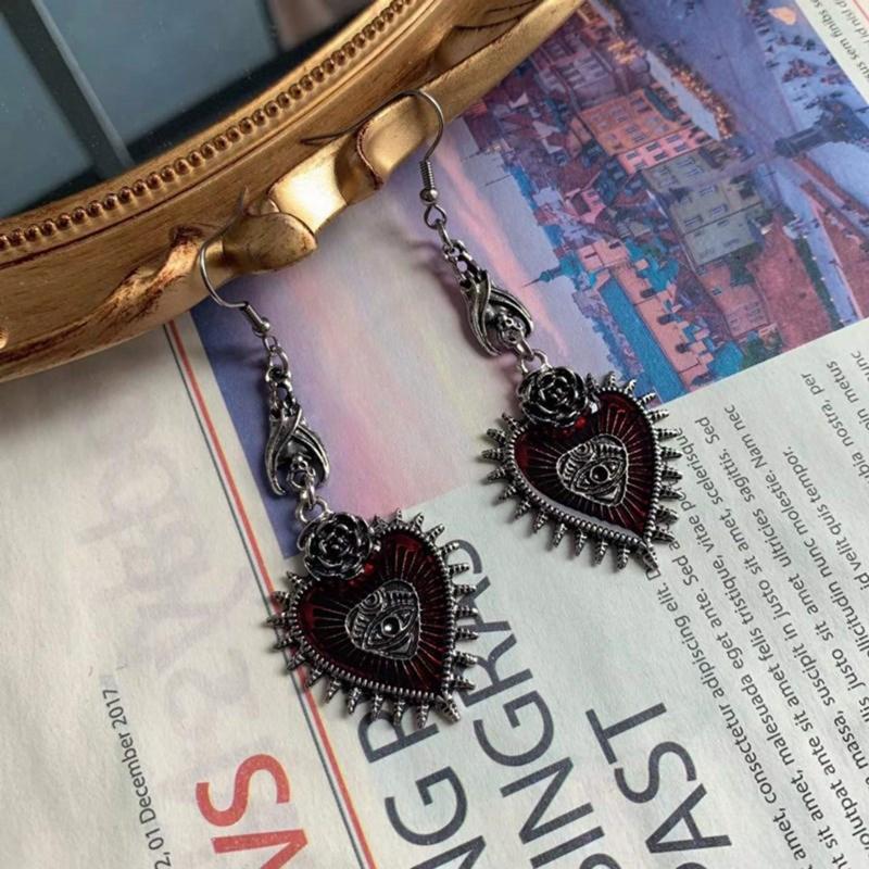 9x Goth Mysterious Drop Earring Jewelry Rose Heart for Butterfly Bat Skull for Cross Pendant Charm Vintage Earring For W
