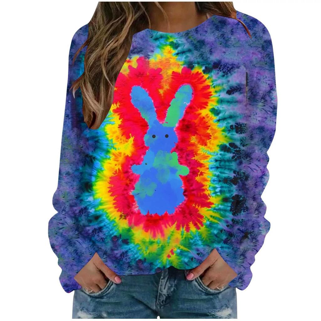 Round Neck 3D Tie Dye Rabbit Printed Top Fashionable Casual Long Sleeved Women's T-shirts