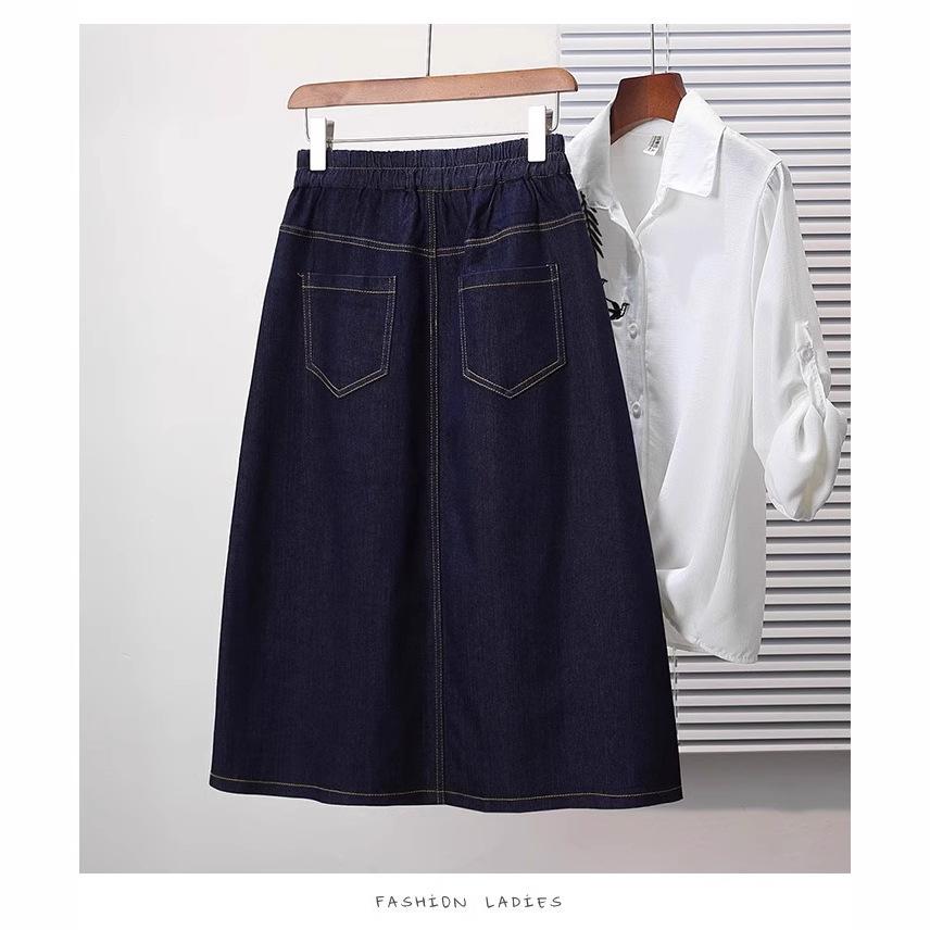 2025 Summer Fat Mm Large Size Elastic Waist Denim Medium and Long Skirt Elastic Loose and Thin A-word Skirt