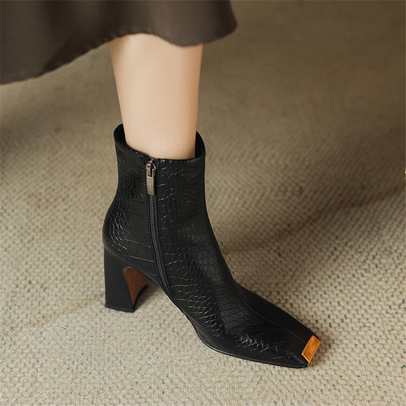 Fashion New Autumn Winter Split Leather Women Boots Fashion Metal Square Toe Short Boots for Women High Heels Ladies Shoes Zapatos Mujer