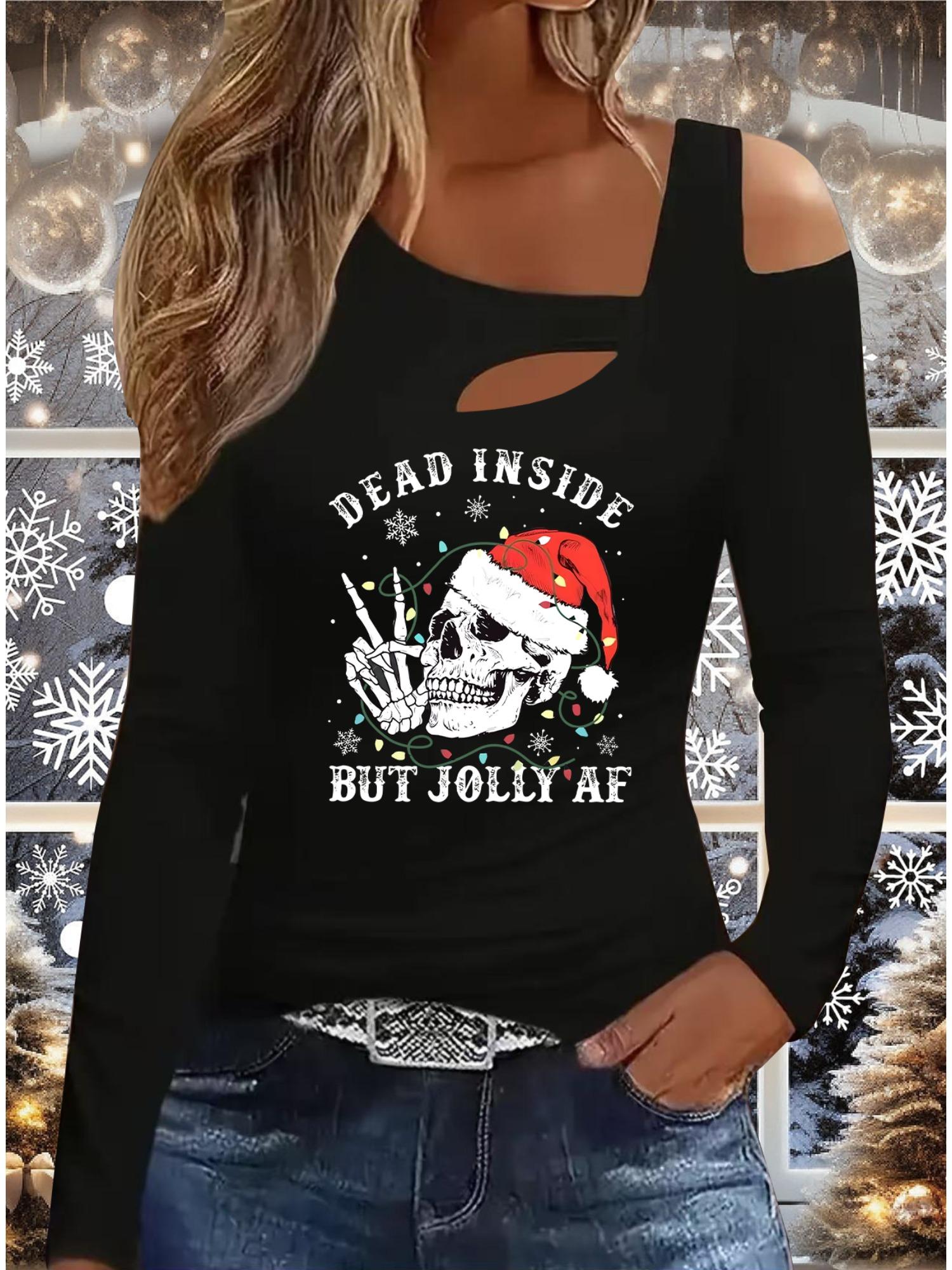 

Осень и Зима Женский Новый Повседневный Топ с Длинным Рукавом Рождественский Узор Идеальный Подарок на Хэллоуин Рождество Футболка XXL чёрный