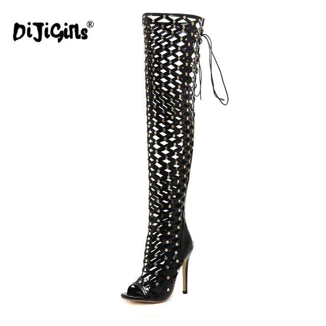 

Модные Сексуальные Босоножки до Бедра с Заклепками и Шипами Женские Летние Гладиаторские Босоножки Ботильоны на Высоком Каблуке с Вырезами Ботфорты выше Колена 35 чёрный