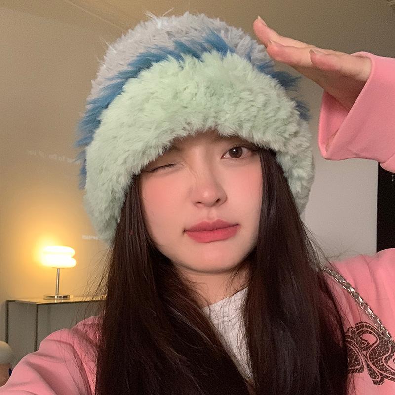 Thick Plush, Knitted Hat, Women's, Autumn and Winter Cold Resistant Woolen Hat, Warm Ear Protection, Small Face, Korean Version Big Head Circumference