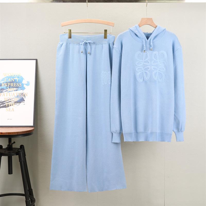 Hooded Knitted Sweater Women's Autumn Plus Size Lazy Fashion Ageing Wide-legged Pant Suit