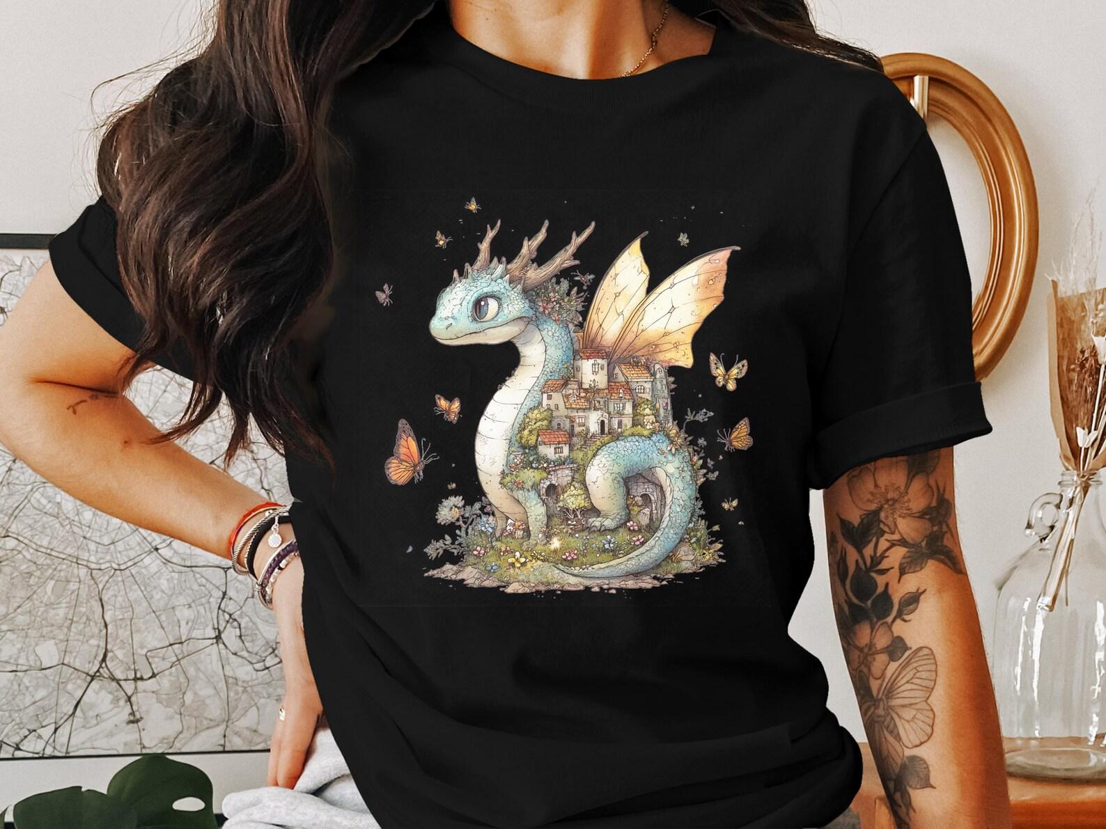 Whimsical Dragon Cottagecore T-Shirt, Fantasy Dragon with Cottage and Butterflies Design, Cute Dragon Graphic Tee, Unique Cottagecore Shirt 3XL