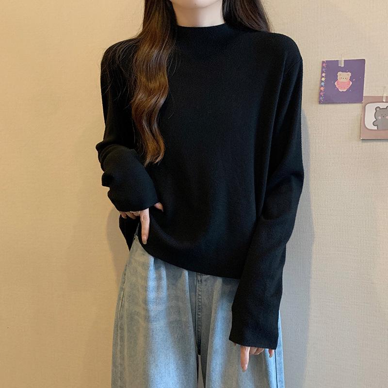 

Plus Size Slimming Knit Top, Half-High Neck, Long Sleeve, Loose Fit, Age-Reducing for Spring/Autumn Women L 45-55 kg чёрный