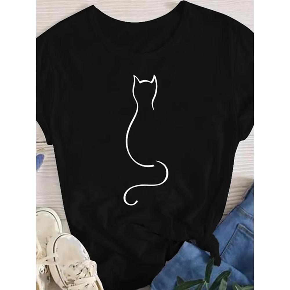 Cute Cat Animal Cartoon Print Graphic Women T Shirt Cartoon Graphic Printed Ladies T-shirt Casual Woman Shirt Kawaii Tee Shirt
