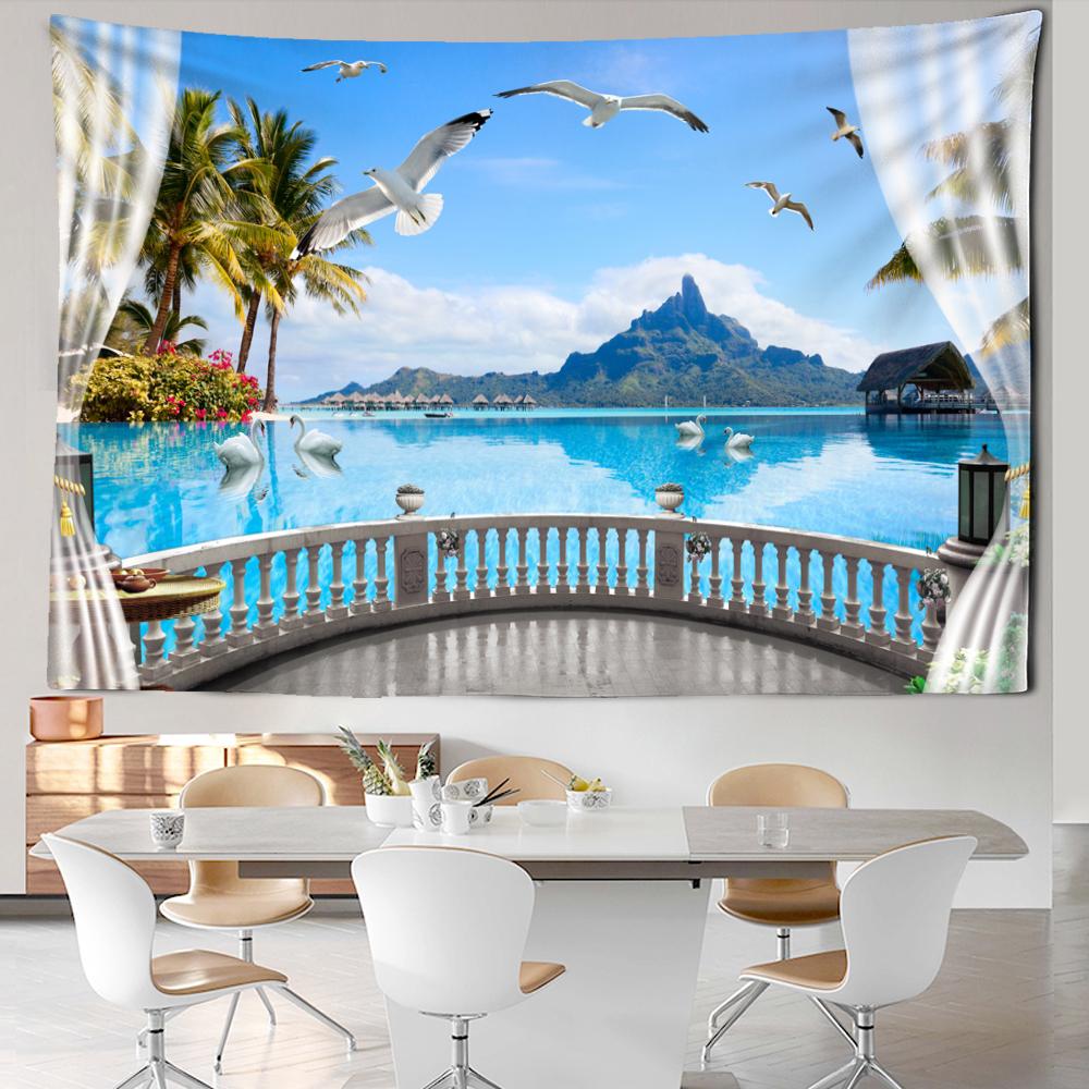 Imitace oken Krajina Tapiserie Nástěnný závěs Přímořská scenérie Kolej Bohémský obývací pokoj Domácí dekorace