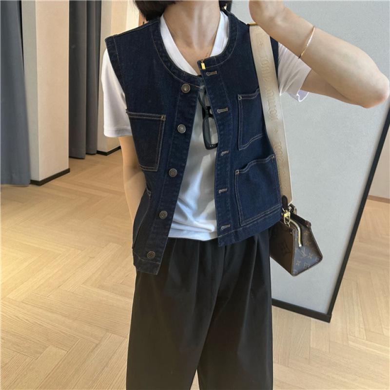 Korean Style Retro Dark Blue Round Neck Denim Vest - Women's Petite Sleeveless Fashion for Spring & Autumn