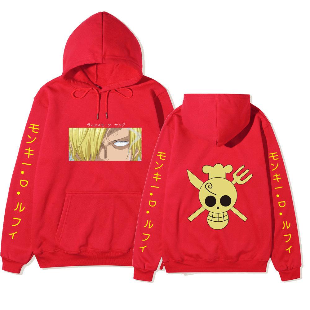 One Piece Sanji Hoodie, Chef Pirate Skull Logo Japanese Letter Sleeve Print Pullover Sweatshirt Unisex Streetwear