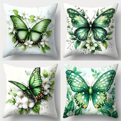 Vibrant Green Butterfly & Blossom PillowcasesLiving Room Sofa Cushion Cover, Soft and Comfortable, Bedroom Room Decoration