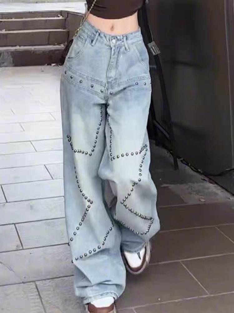 Women's Fashion Retro Rivet Wide Leg Jeans - Loose, Slimming, Stylish Design