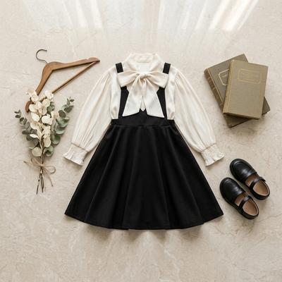 Modisches Latzkleid-Set mit Schleife für Frühling und Herbst für ältere und kleine Mädchen