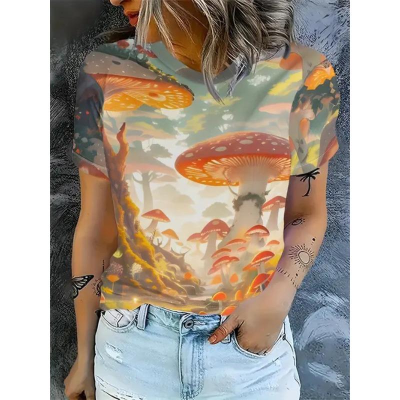 Women's Summer Casual Versatile Design 3D Printed Round Neck Short Sleeved T-shirt