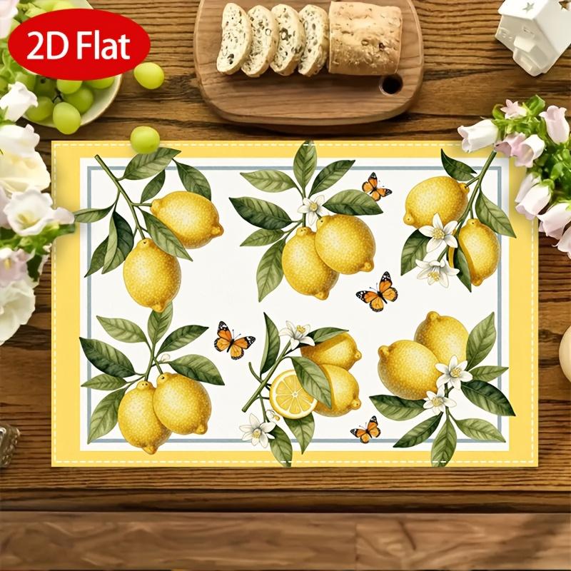 2/4/6pcs Lemon Placemats Suitable for Kitchen & Dining Table Decor - Yellow Lemon Border with Green & White Flower Print Table, Machine Washable