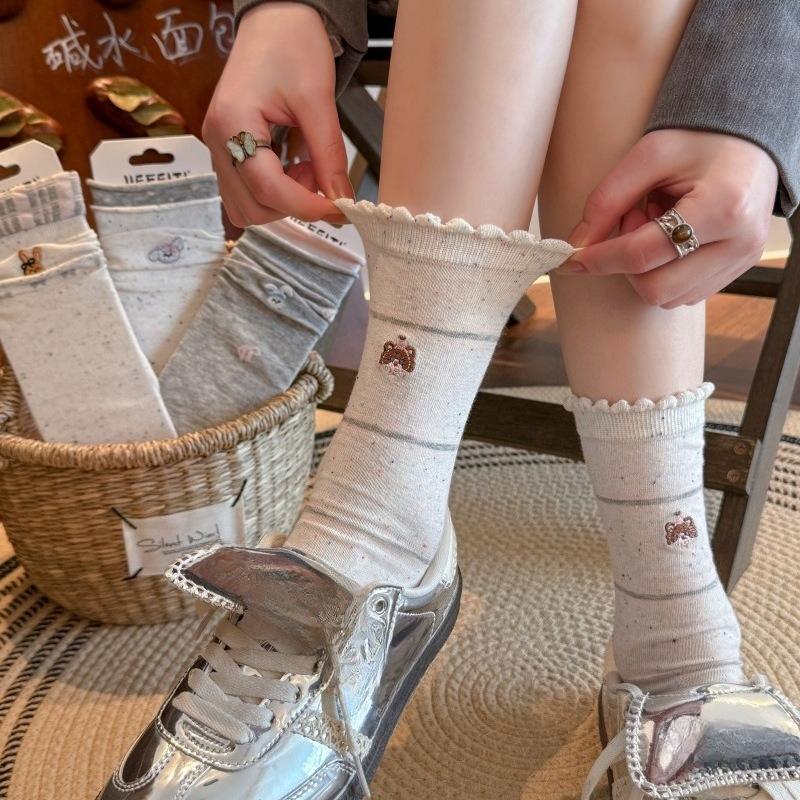 Children's Spring/Summer Collection Cute Cartoon Embroidered Socks - Women's Mid-Calf Socks with Boneless Trendy Stripes and Layered Design