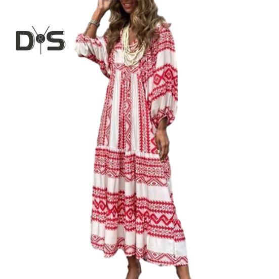 

Женское макси-платье с v-образным вырезом и пышными рукавами 3/4, богемный цветочный принт, шитье, свободный крой, пляжное длинное платье, повседневный сарафан L вино красного