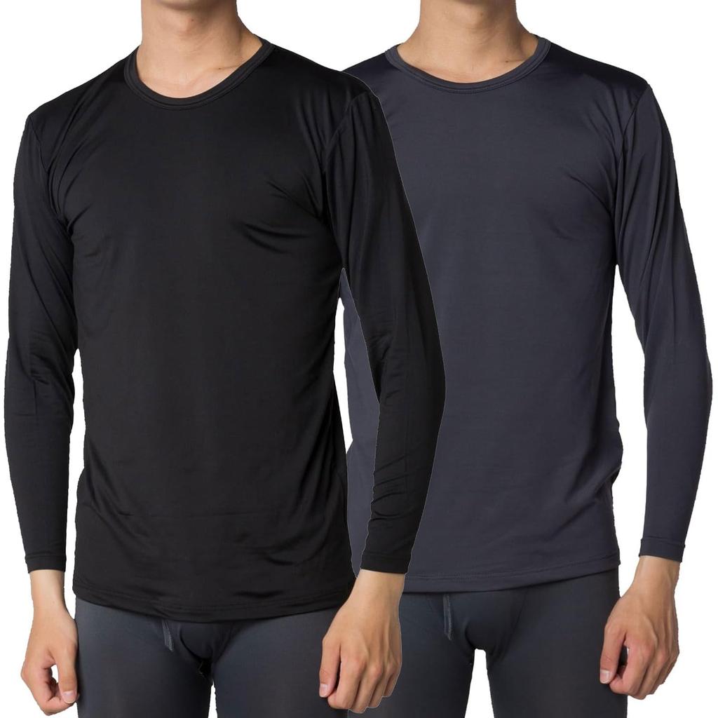 Factory Warm Stretch Round Long Warm and Stretchy of 2 Size Y's Men's Innerwear, Fleece-Lined, Neck, Sleeves, [Set (Black & Charcoal) LL]