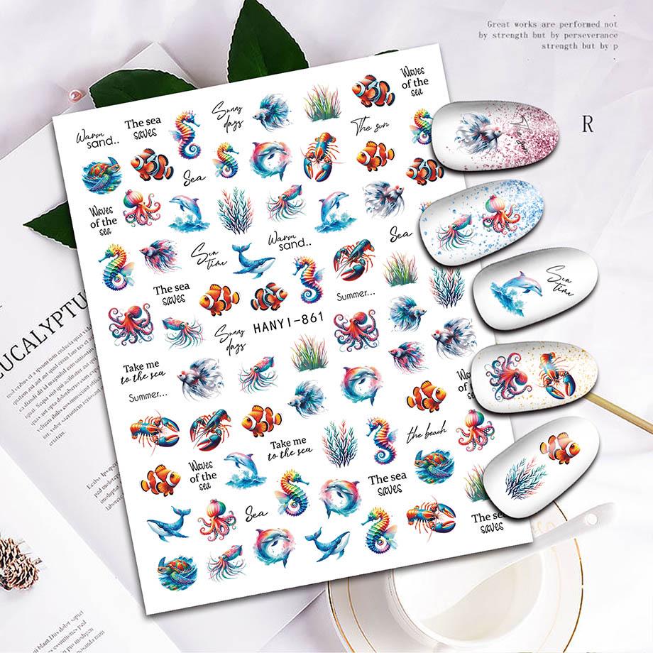 Летние наклейки для ногтей с океаном: Морская раковина, Медуза, Морская черепаха, Осьминог
