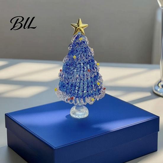 Decorative Glass Sculpture Hand Blown Christmas Tree Figurine with Golen Star, Festive Desk Decoration Mini Xmas Ornament, Handmade Desktop