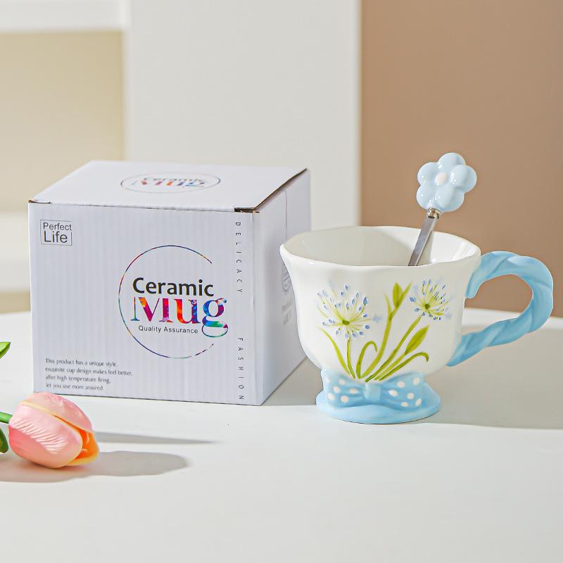 Tulip Ceramic Cup Hand Painted Relief High Looking Coffee Cup Mug Girl Heart Home Water Cup Souvenir