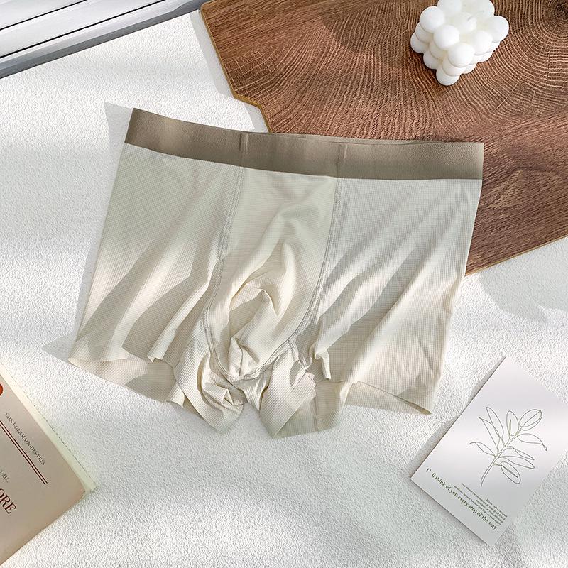 Summer Men's Ice Silk Seamless Boxer Briefs: Antibacterial, Thin, Mid-Waist, Waffle Nylon.