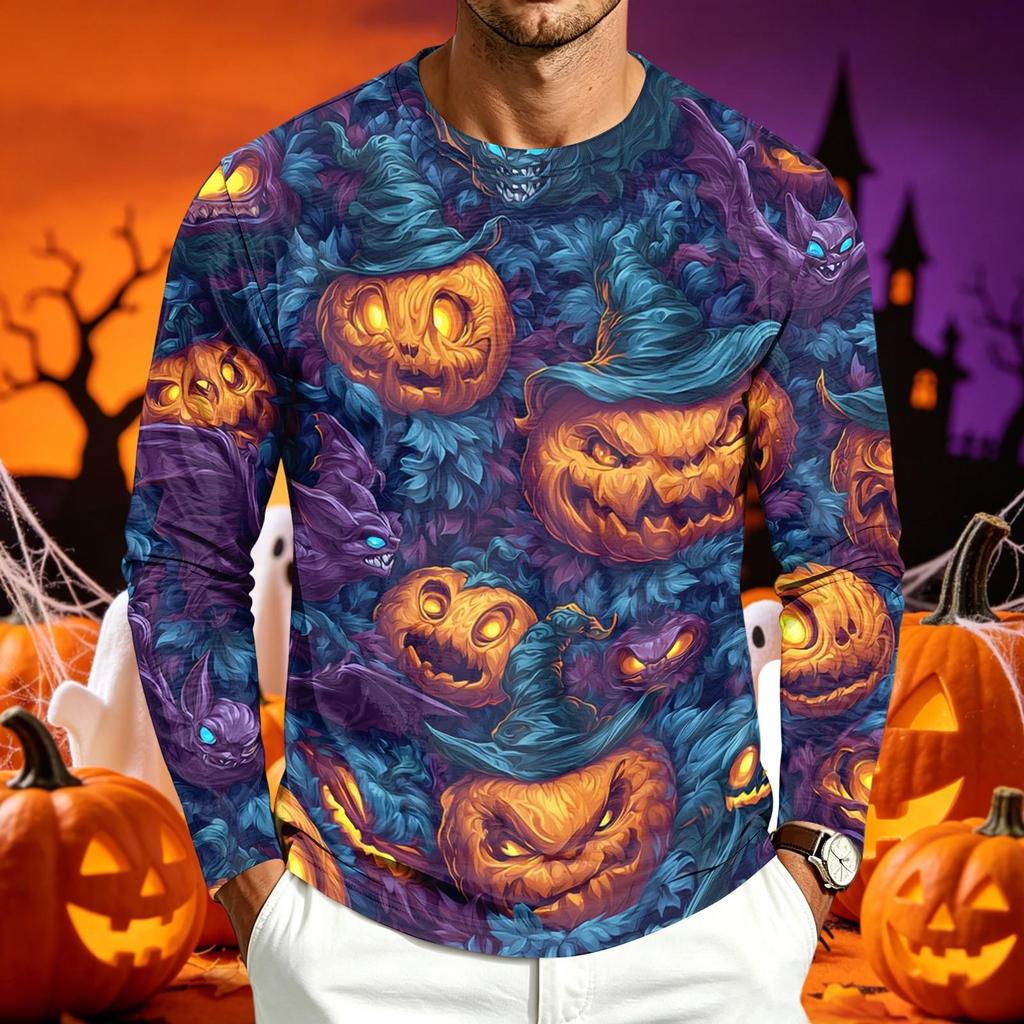 Men Long Sleeve T‑Shirt Halloween Pumpkin Bat 3D All‑Over Print Gothic Holiday Party Casual Tee