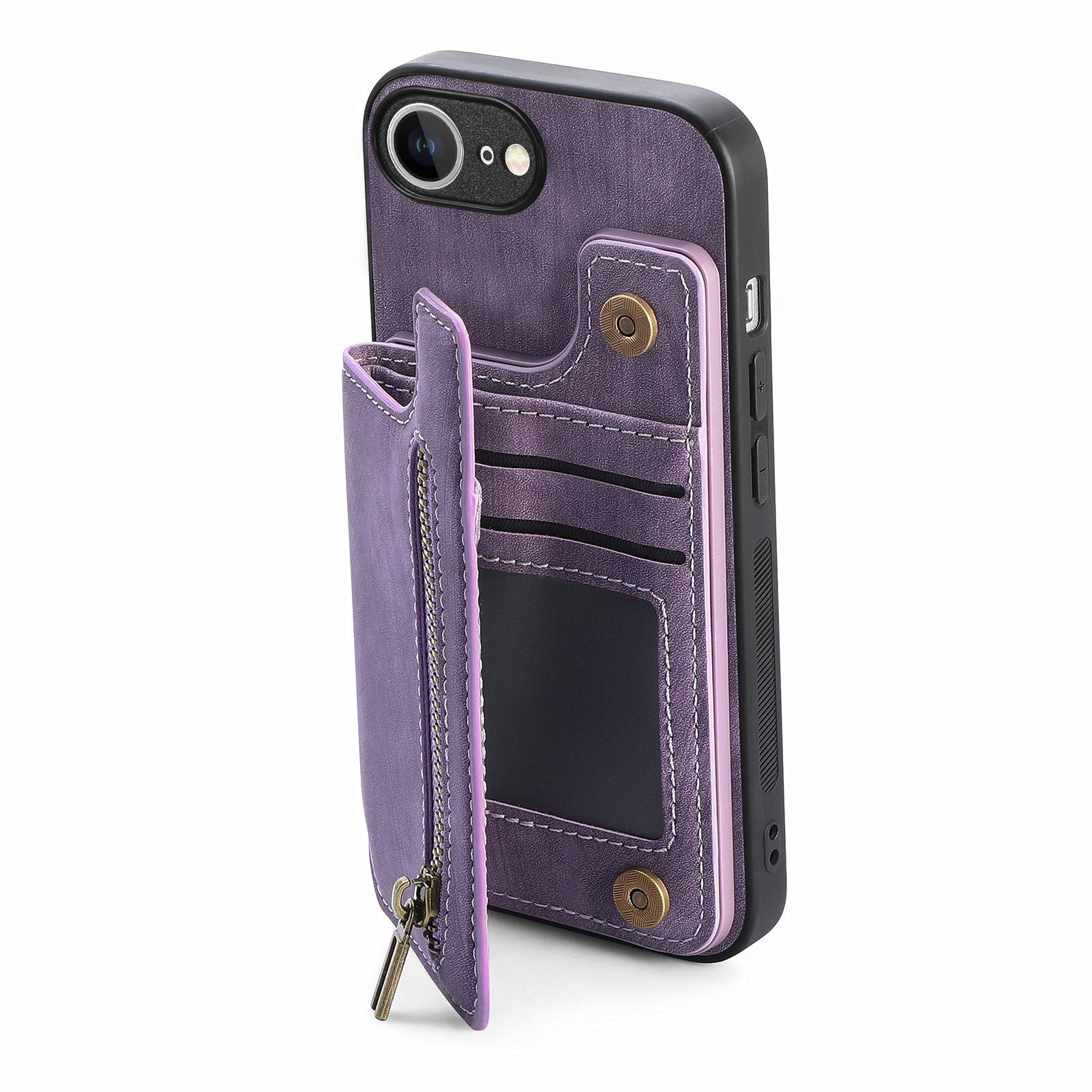 

For iPhone 16e Case with Zipper Card Holder Retro Leather TPU Phone Cover Green