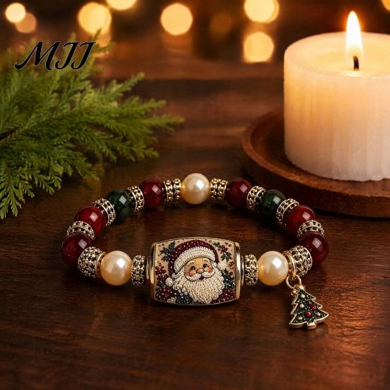 Stackable Charm Jewelry Christmas Beaded Stretch Bracelets, Faux Pearl Beads Fashion Holiday Accessory Santa Claus/Tree/Elk/Stocking Bracelet,